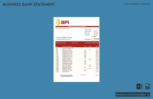 Geschäftskontoauszug der Bank of the Philippine Islands (Word- und PDF-Beispiel)